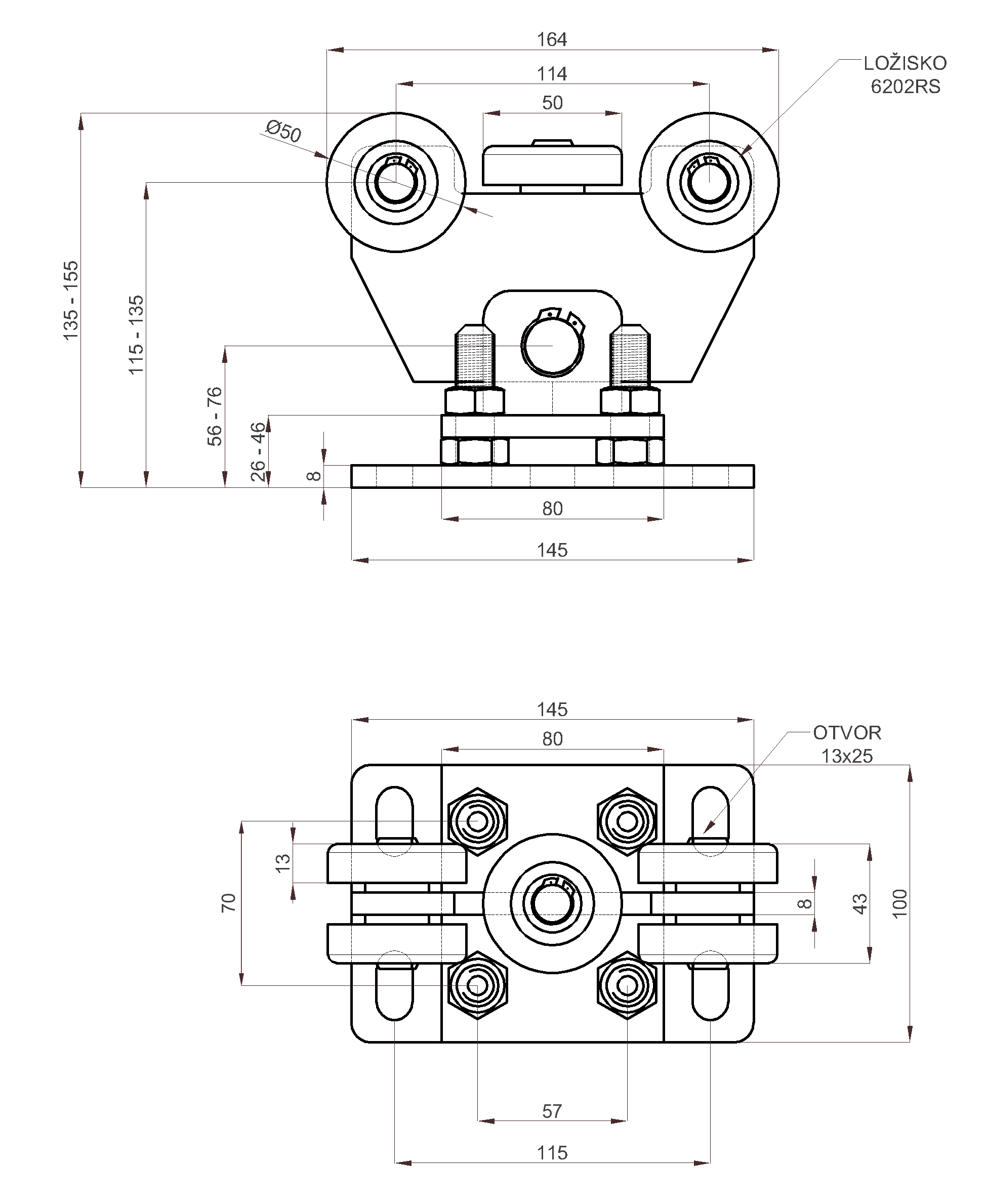 Vozík do 230 kg, pevný, profil 60 x 60 mm, pozinkovaný