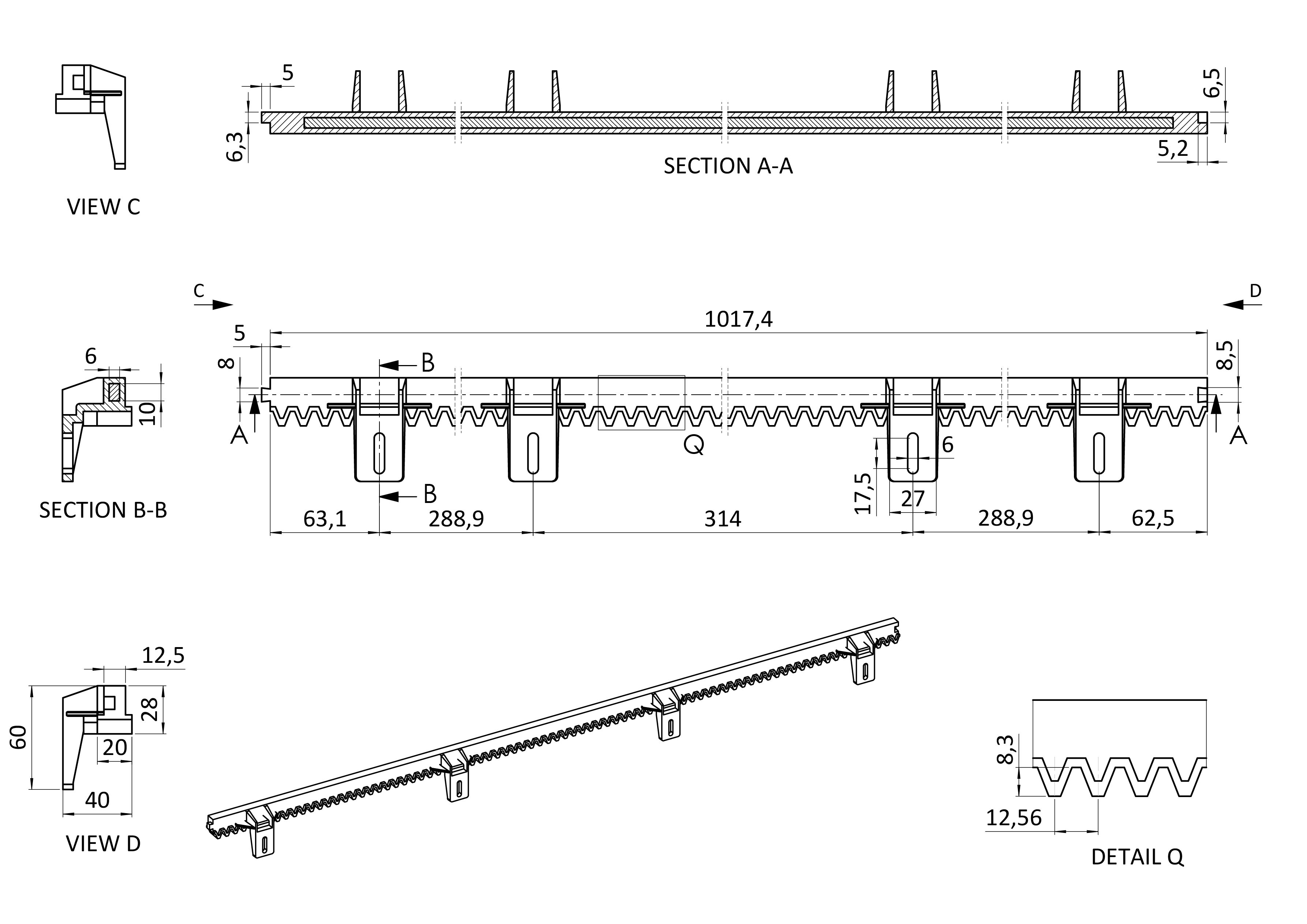 Hrebeň nylon 26 x 19 x 1000 mm, Fe jadro 6 x 10 mm, 400 kg