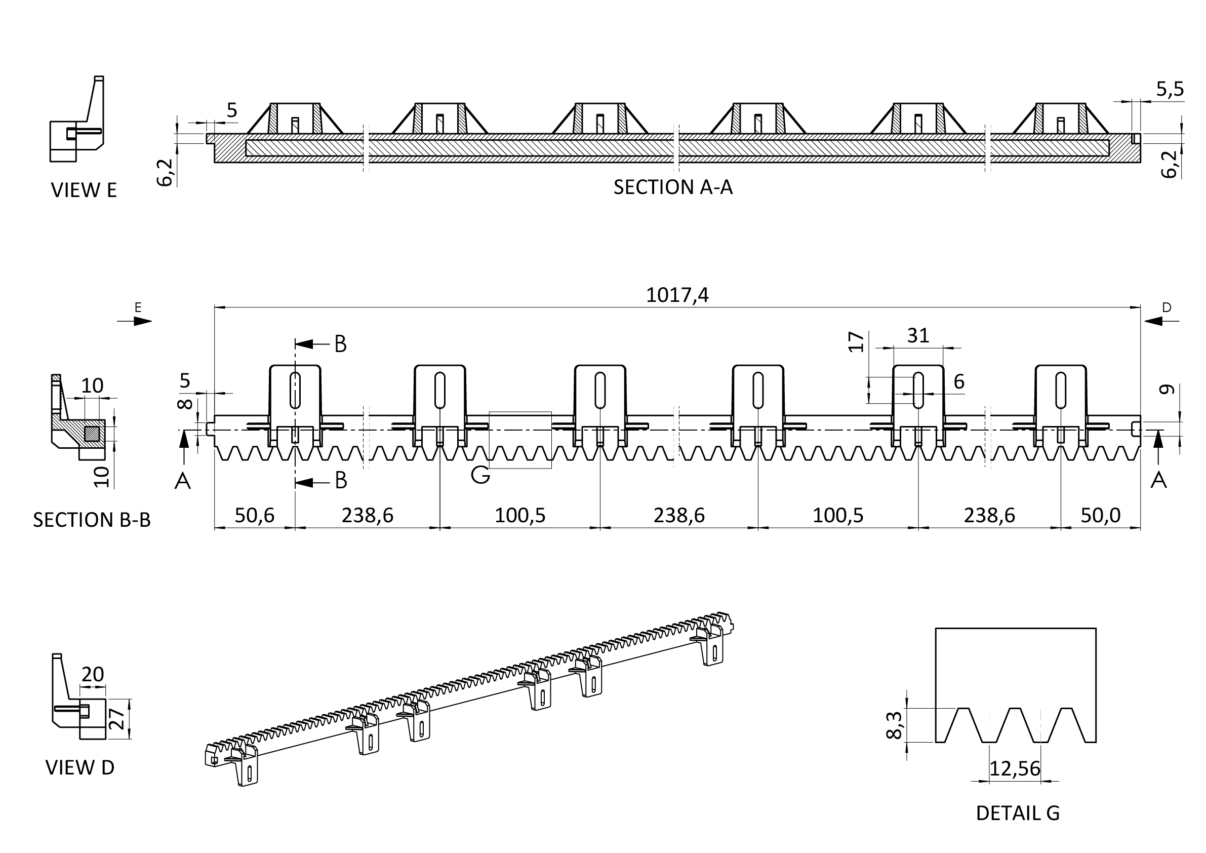Hrebeň nylon 27 x 18 x 1000 mm, max do 800 kg