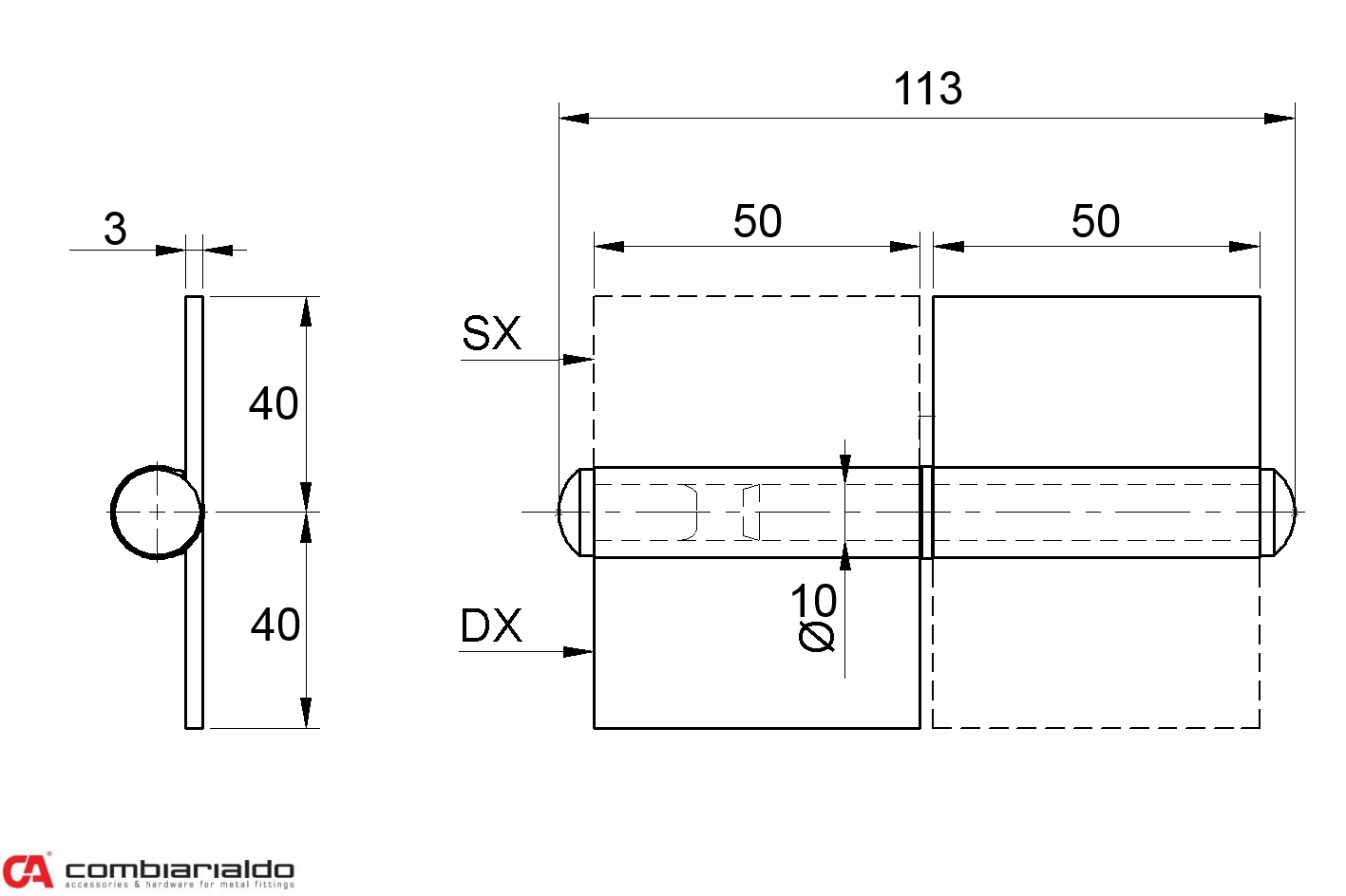 Pánt s platňou dvojdielny L = 100 mm (pravý)