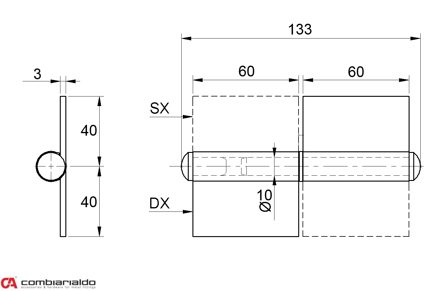 Pánt s platňou dvojdielny L = 120 mm (ľavý)