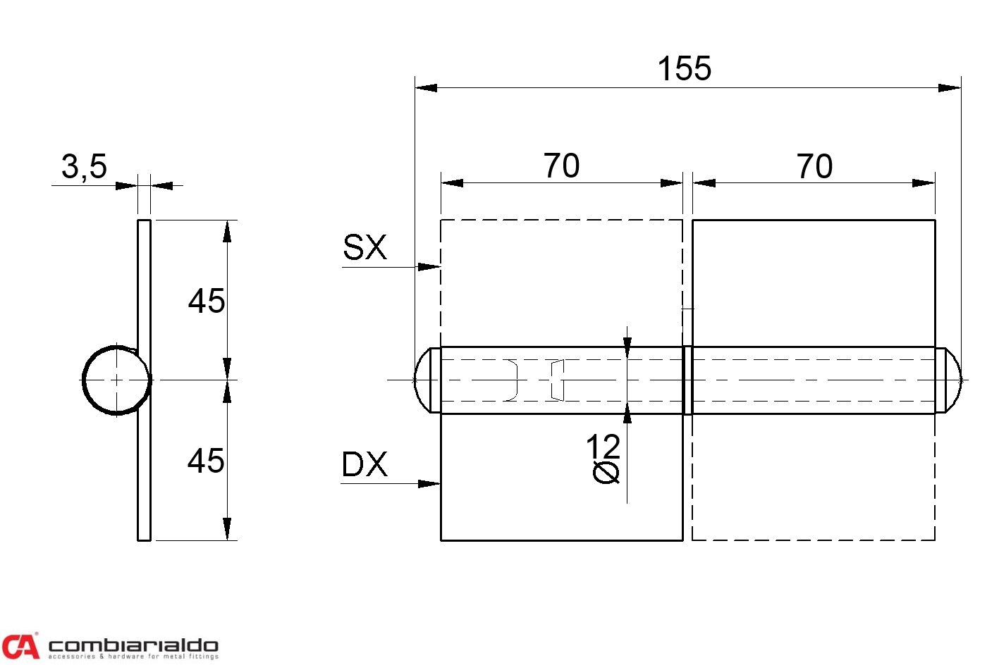 Pánt s platňou dvojdielny L = 140 mm (pravý)
