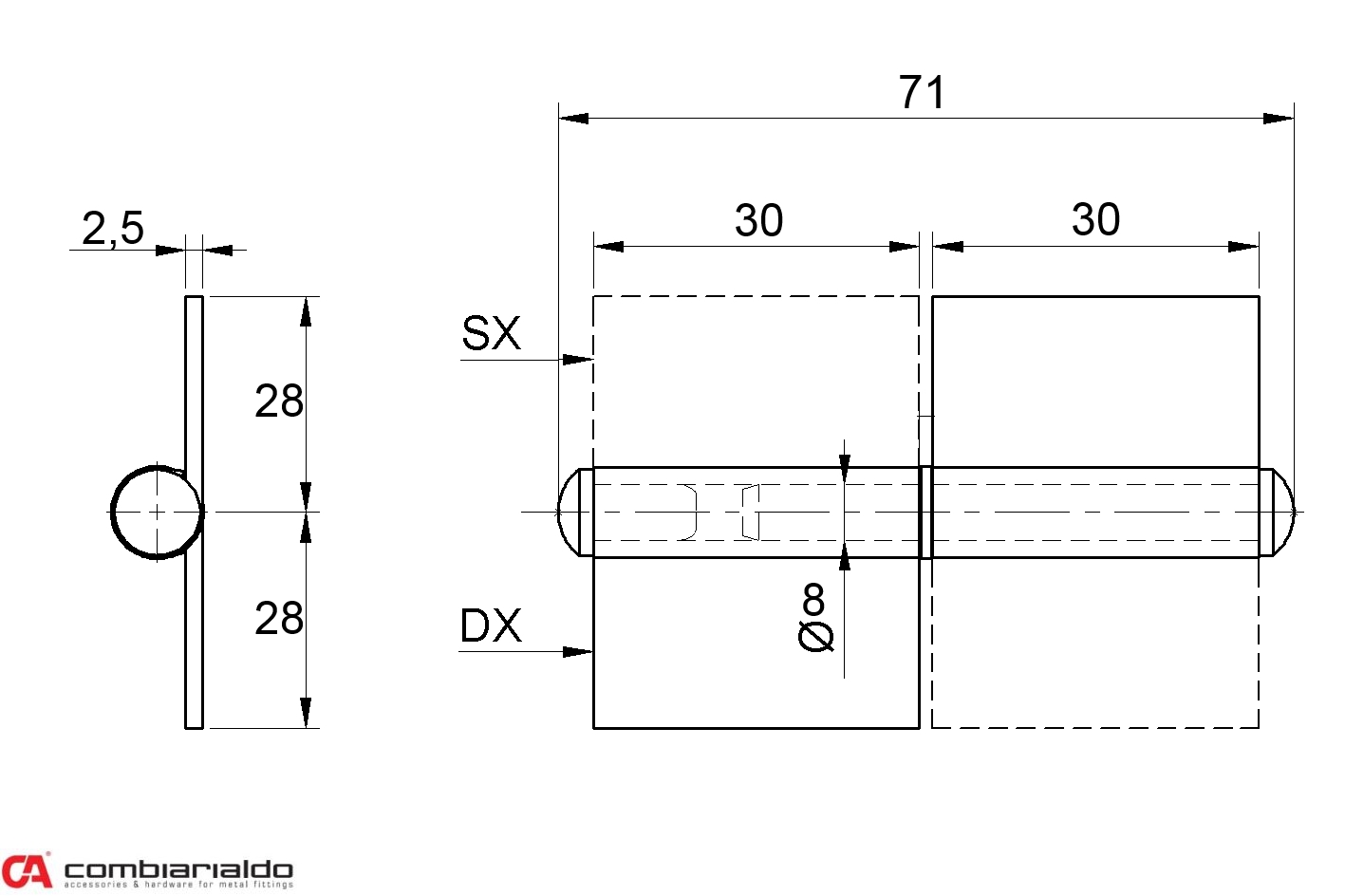 Pánt s platňou dvojdielny L = 60 mm (ľavý)