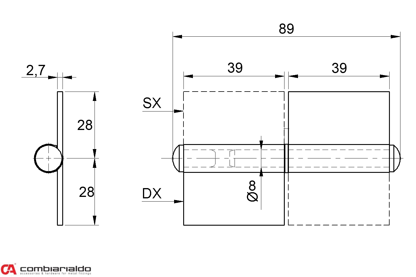 Pánt s platňou dvojdielny L = 80 mm (pravý)