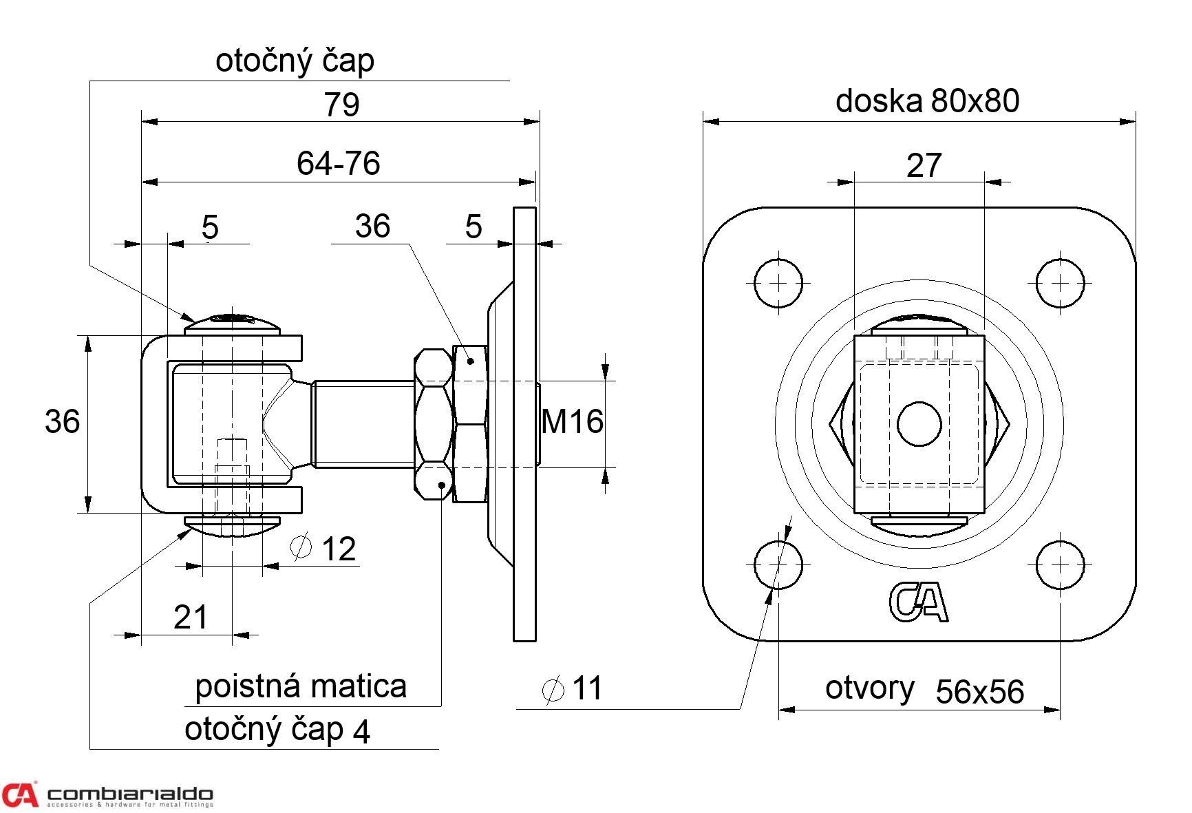 Záves M16 s platňou 80 x 80 mm, 90°, nastaviteľný 1D