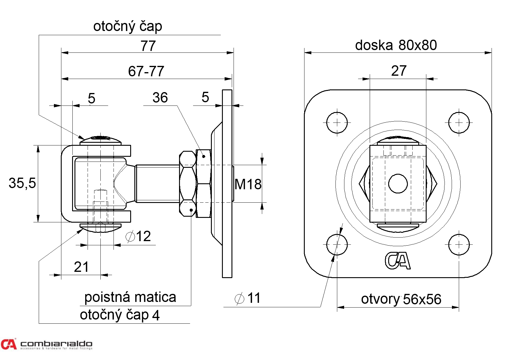 Záves M18 s platňou 80 x 80 mm, 90°, nastaviteľný 1D