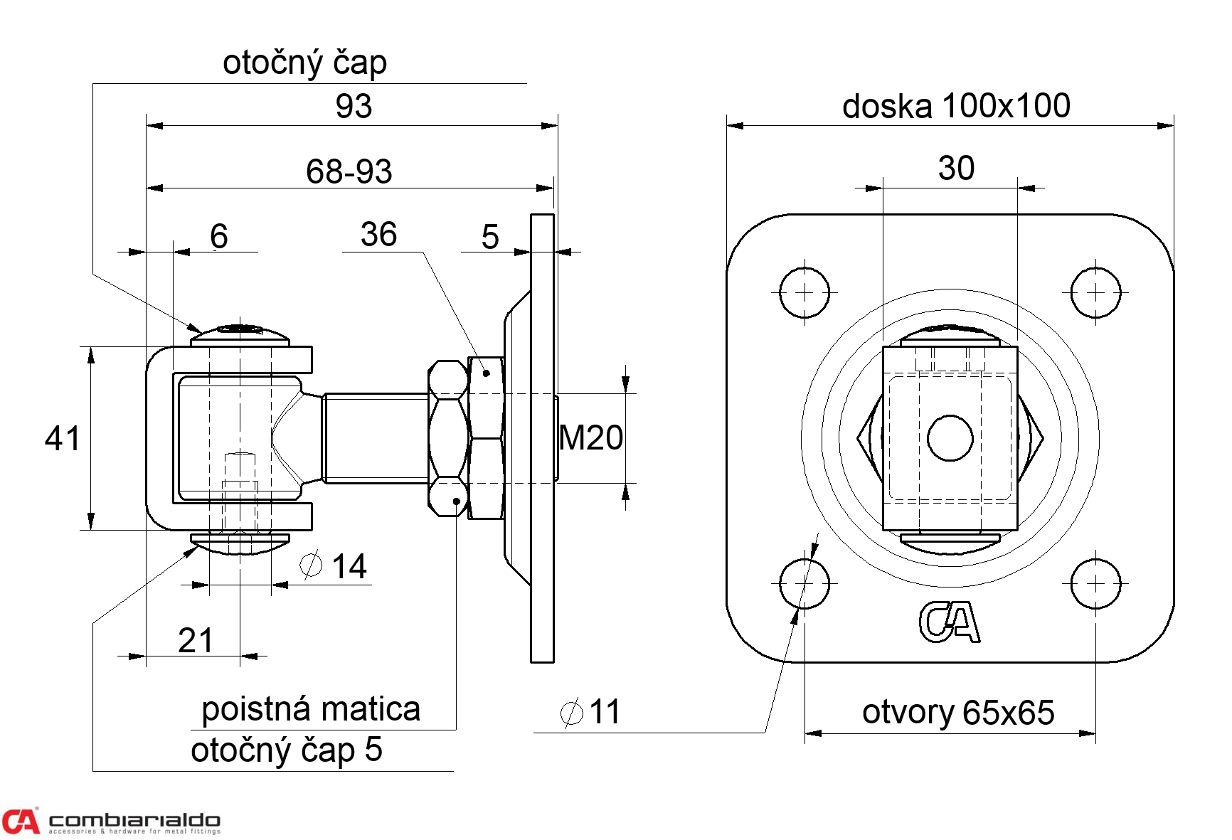 Záves M20 s platňou 100 x 100 mm, 90°, nastaviteľný 1D