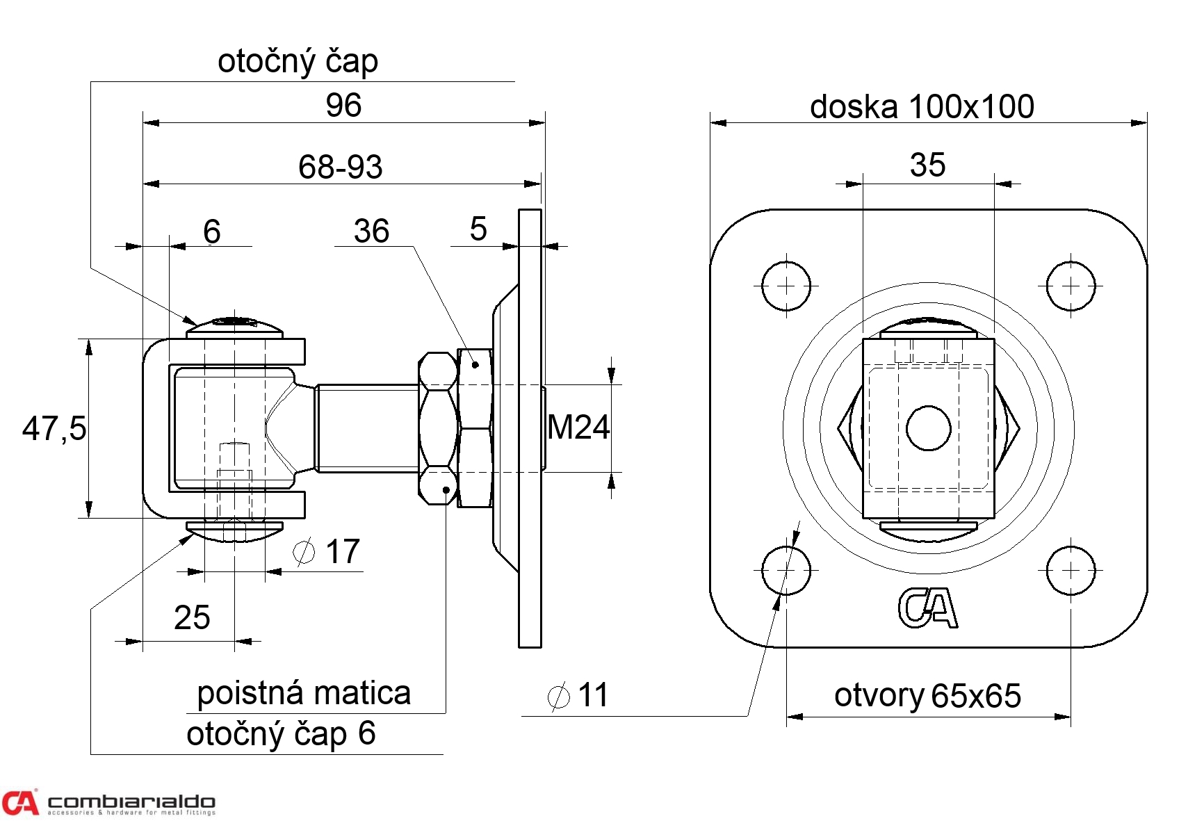 Záves M24 s platňou 100 x 100 mm, 90°, nastaviteľný 1D