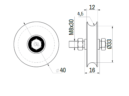 Vodiace koliesko ø 40 mm jednoložiskové, nosnosť 60 kg