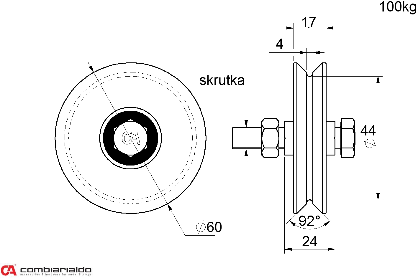 Vodiace koliesko ø 60 mm jednoložiskové, V, nosnosť 100 kg