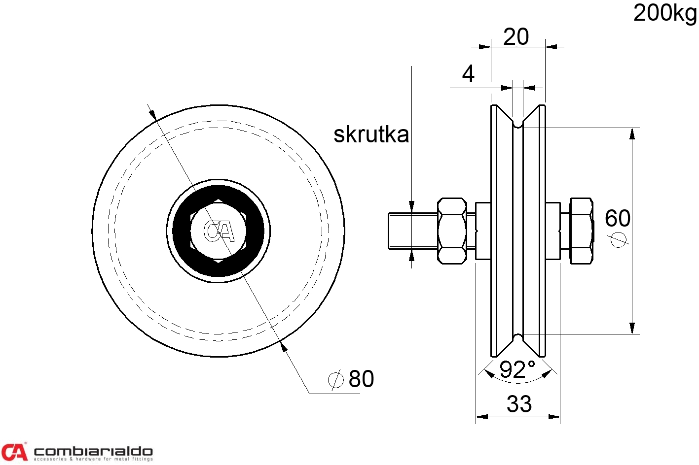 Vodiace koliesko ø 80 mm jednoložiskové, V, nosnosť 200 kg