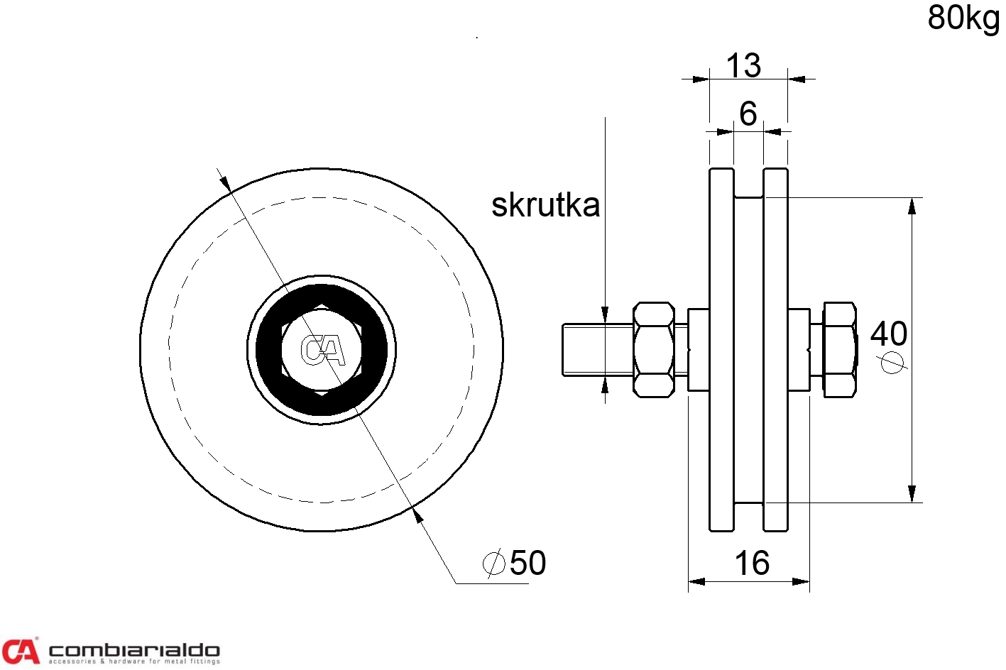 Vodiace koliesko ø 50 mm jednoložiskové, H, nosnosť 80 kg