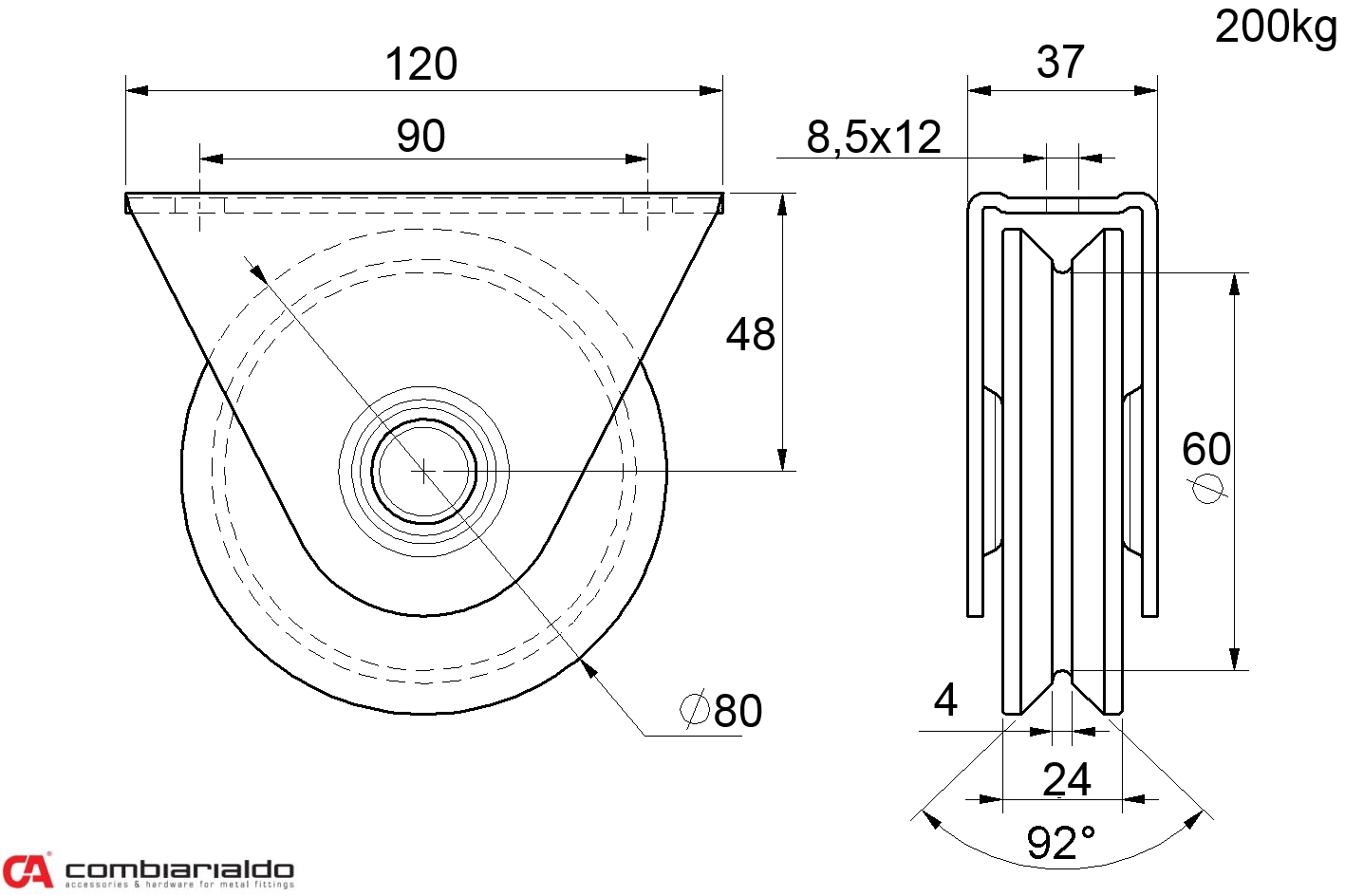 Vodiace koliesko ø 80 mm, V profil, nosnosť 200 kg
