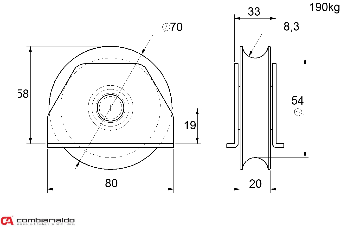 Vodiace koliesko ø 70 mm navárací, nosnosť 190 kg
