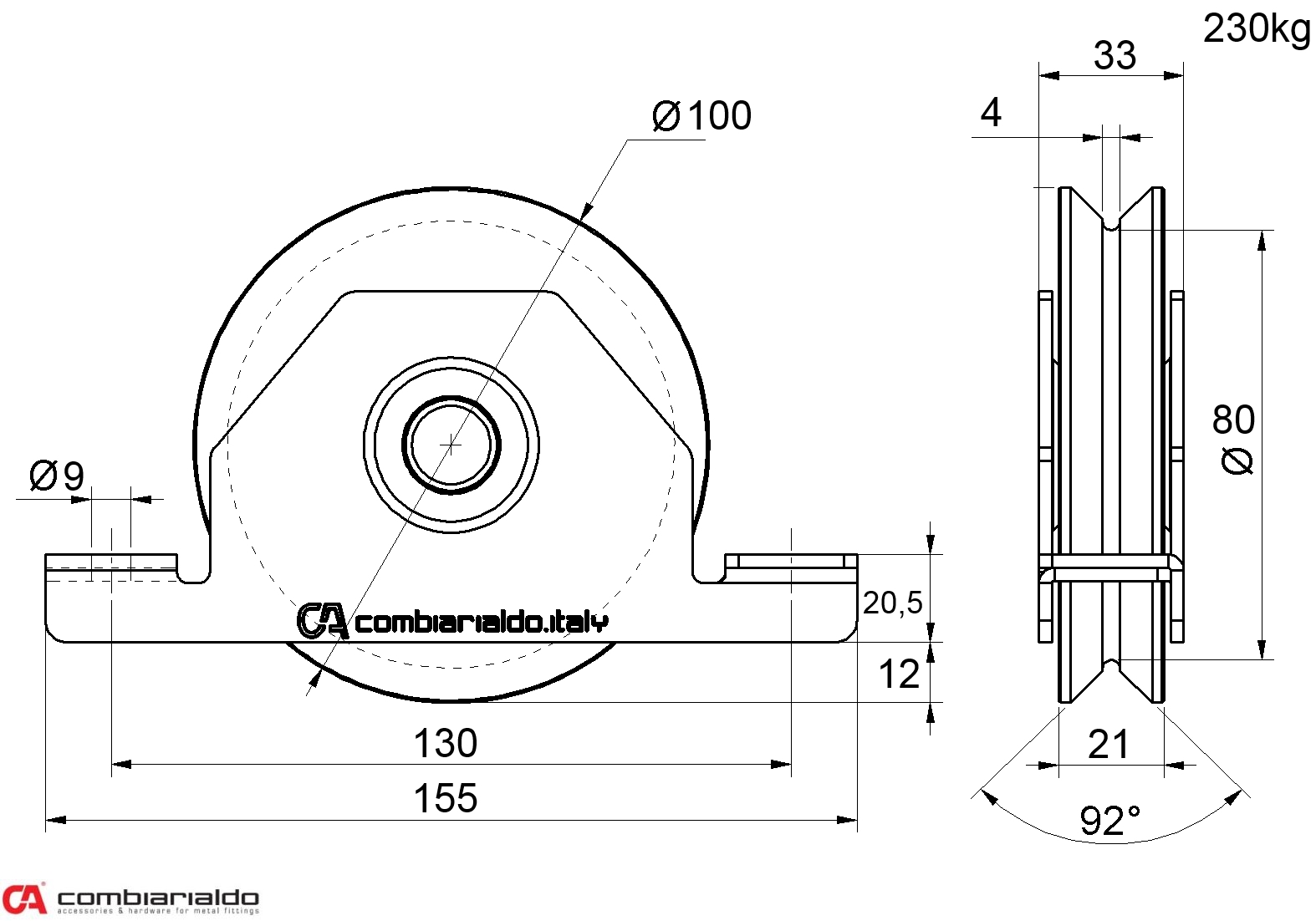 Vodiace koliesko ø 100 mm pre zapustenie, V, nosnosť 210 kg
