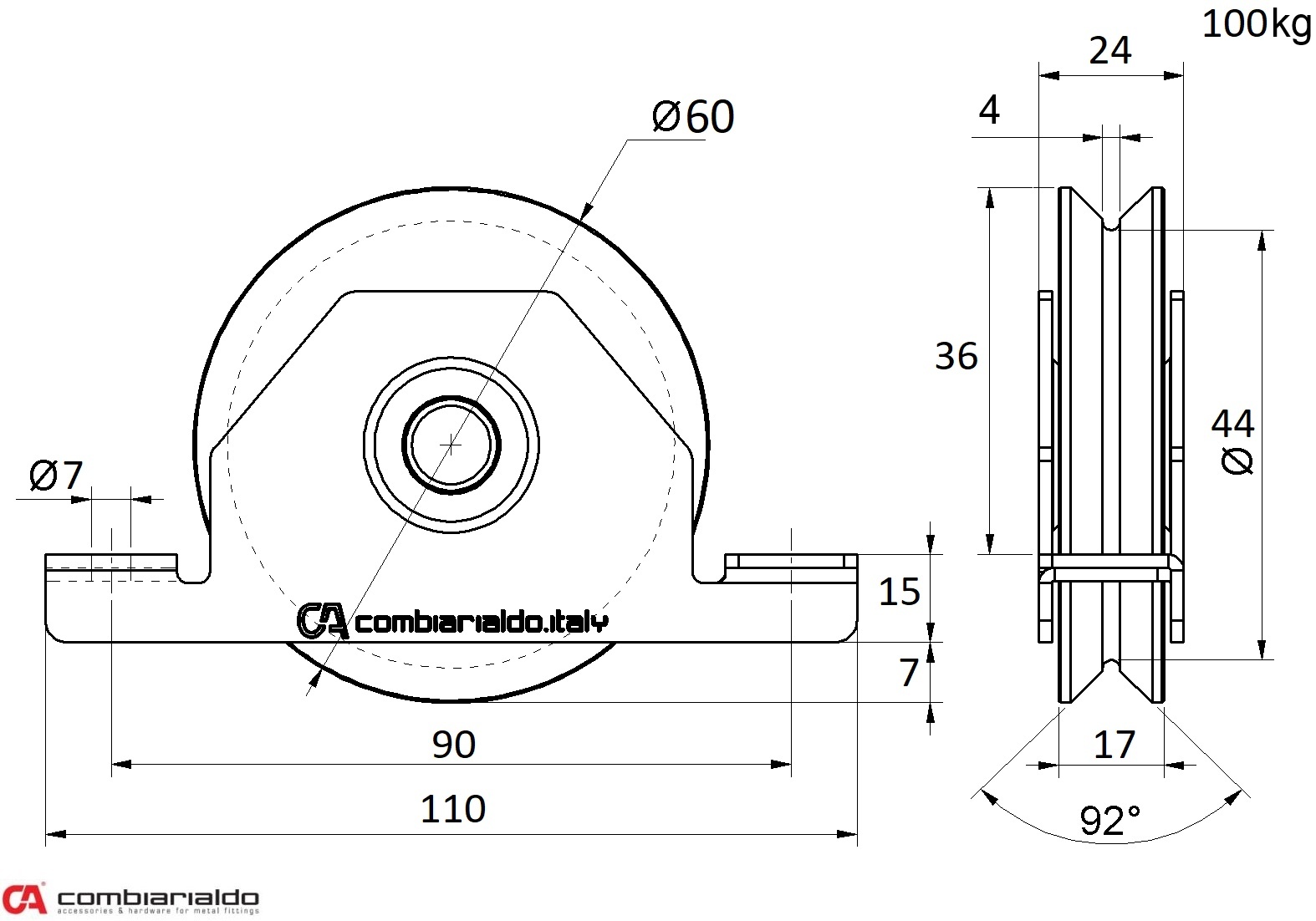 Vodiace koliesko ø 60 mm pre zapustenie, V, nosnosť 100 kg