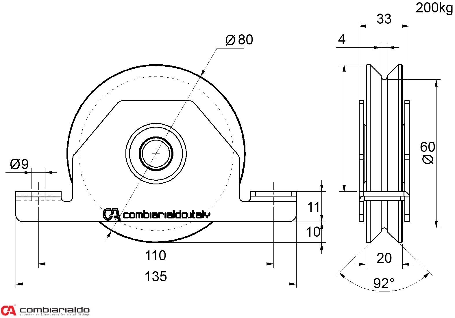 Vodiace koliesko ø 80 mm pre zapustenie, V, nosnosť 200 kg