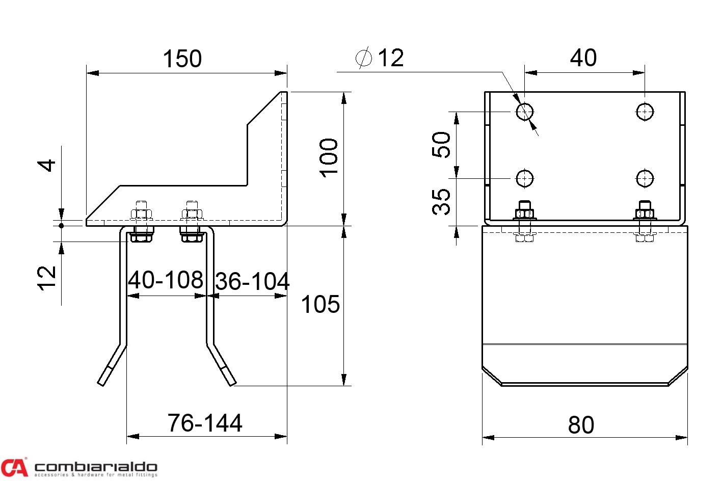 Doraz na bránu vrchný, 80 x 150 x 205 x 4 mm