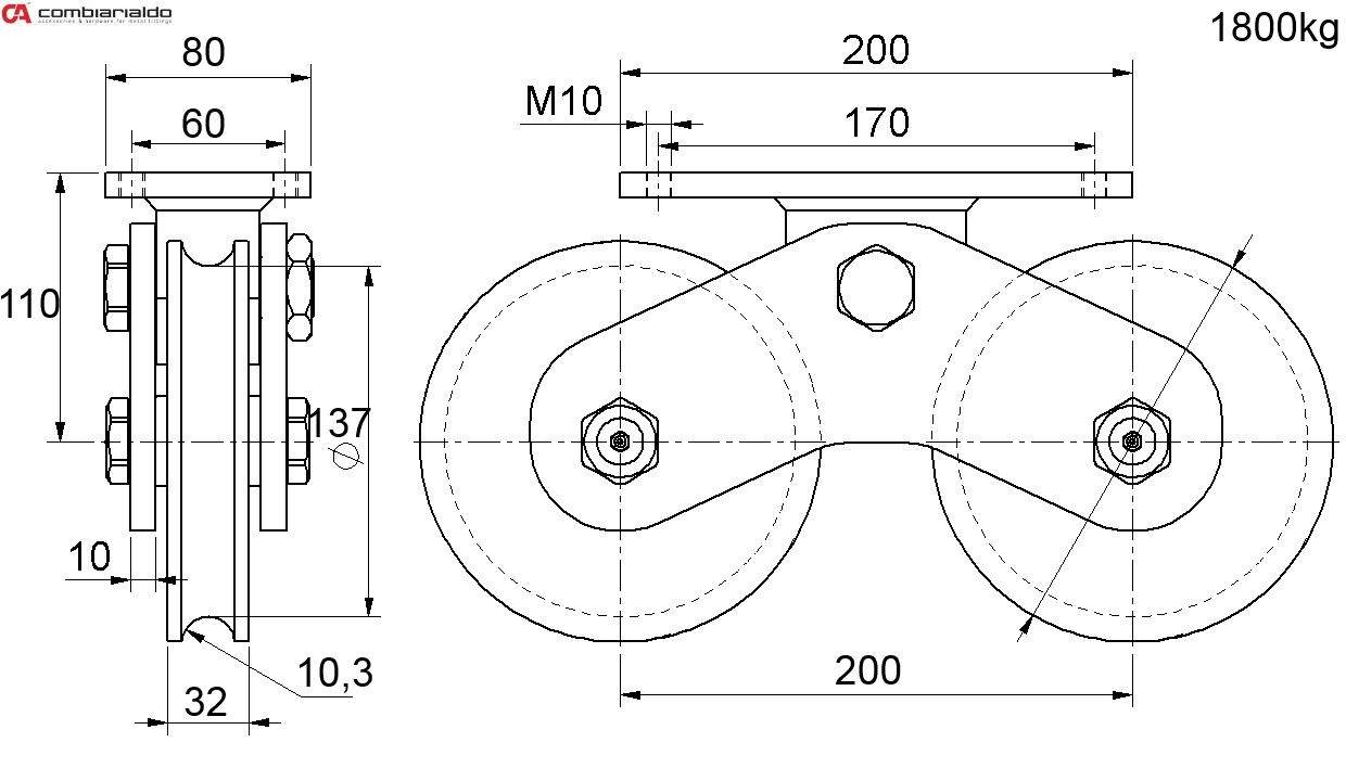 Vodiaca kladka dvojložisková ø 160 mm, nosnosť 1800 kg, Zn