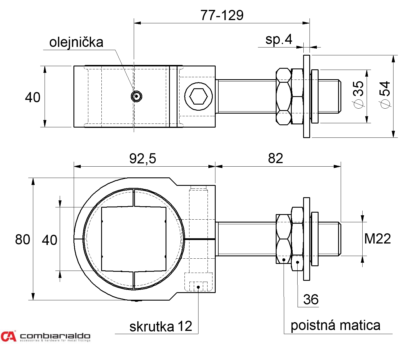 Záves nastaviteľný M22 na upnutie štvorhranu 40 x 40 mm