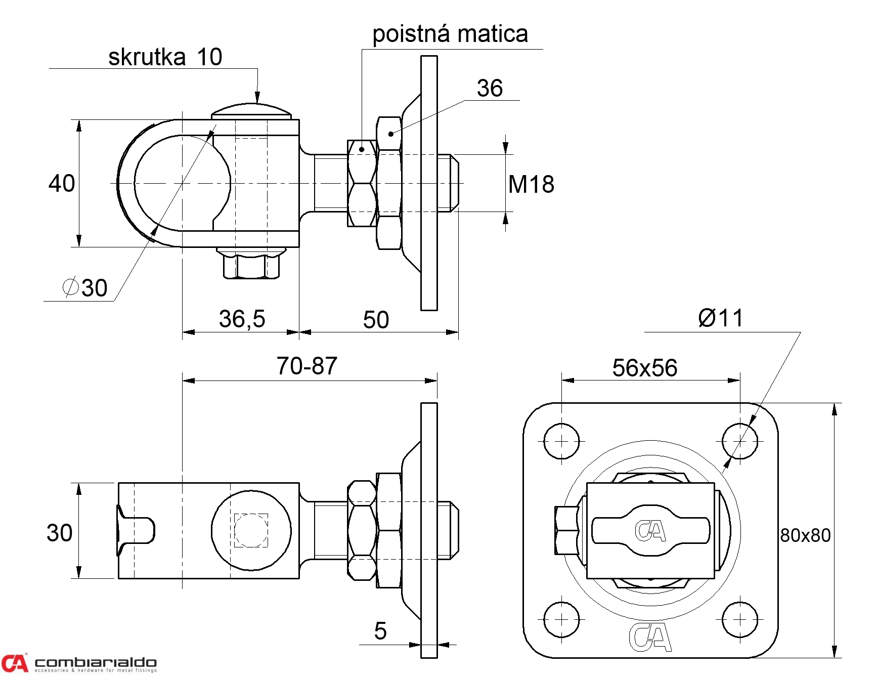 Záves M18 s platňou 80 x 80 mm