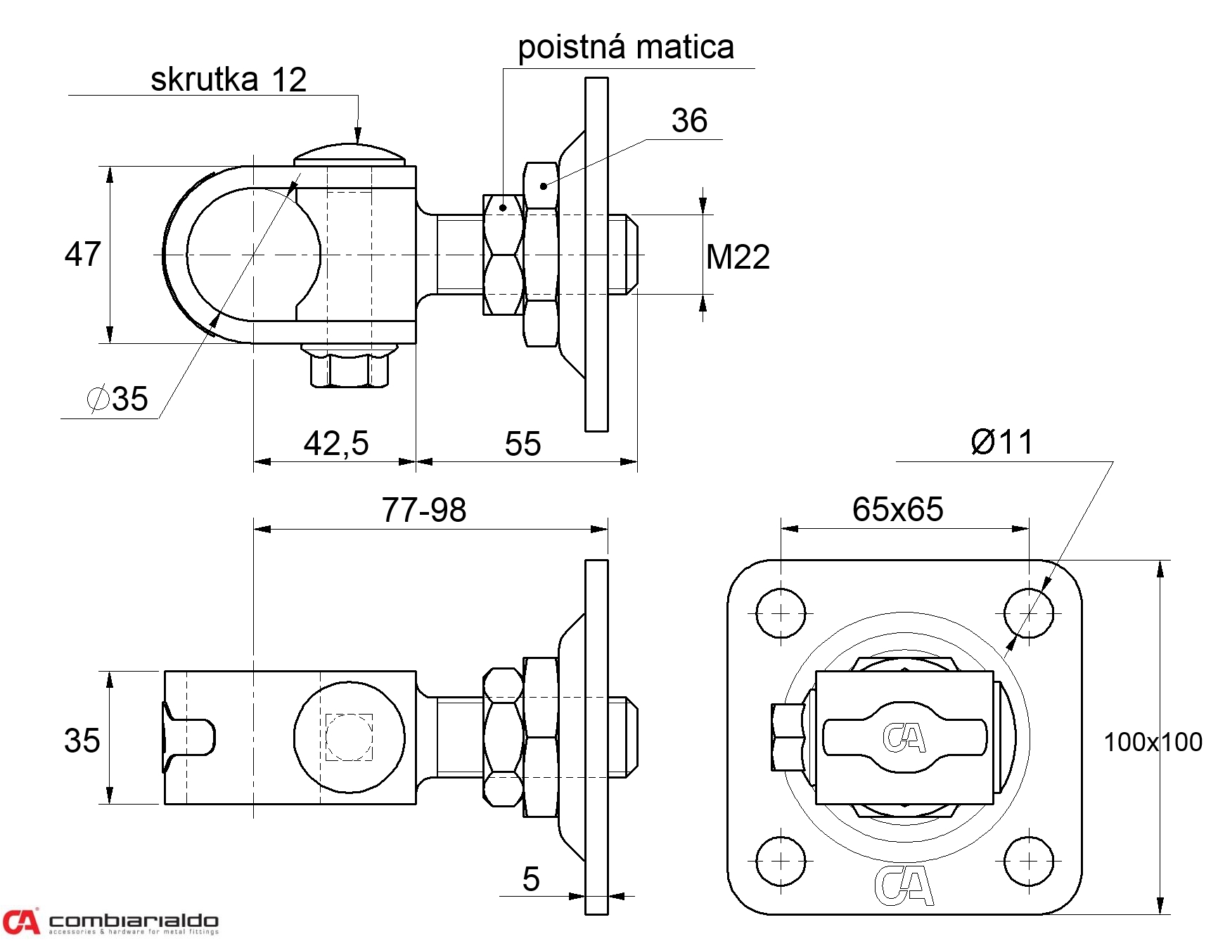 Záves M22 s platňou 100 x 100 mm