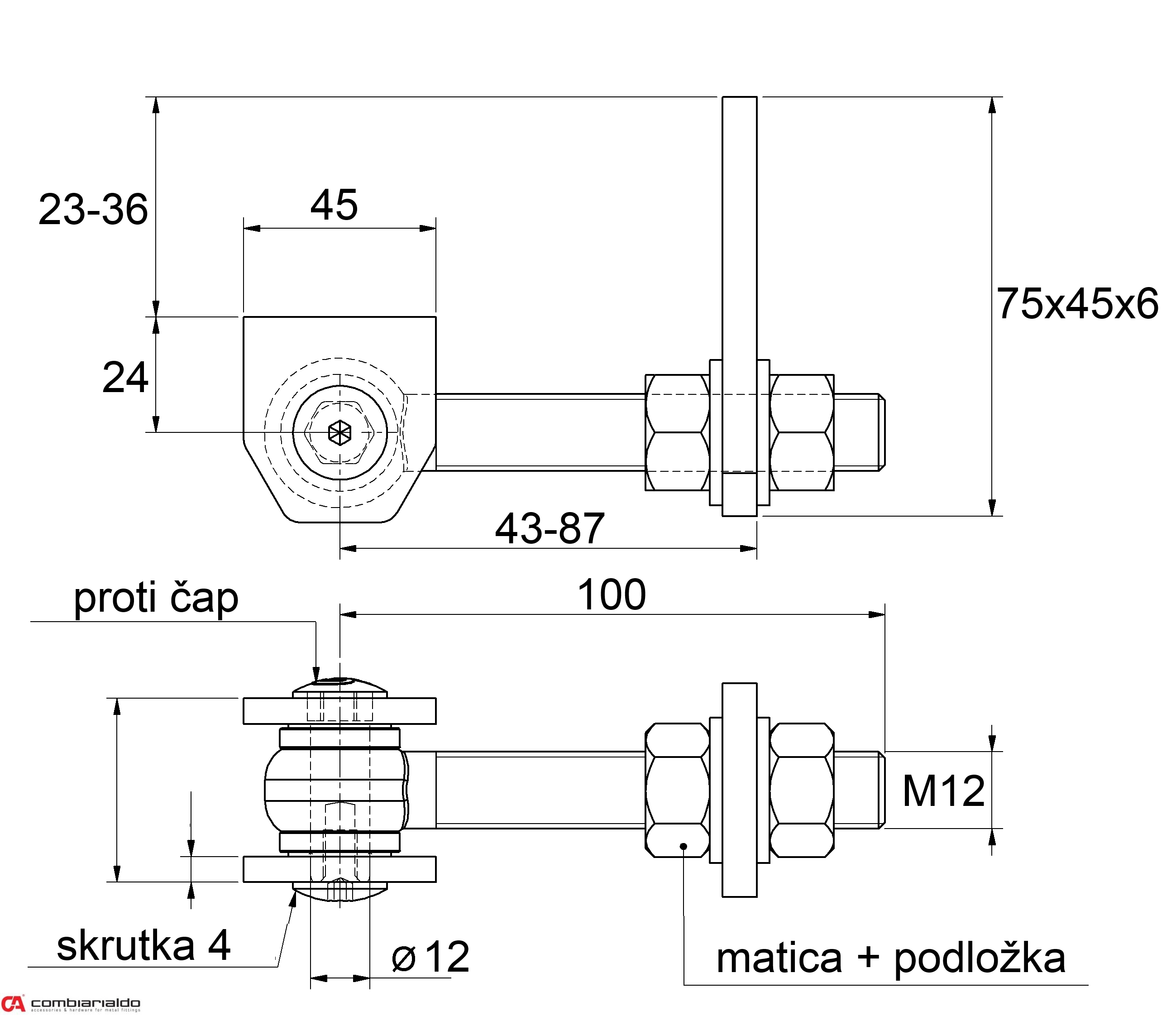 Navárací záves M12, otvárateľný 180°, nastaviteľný 2D