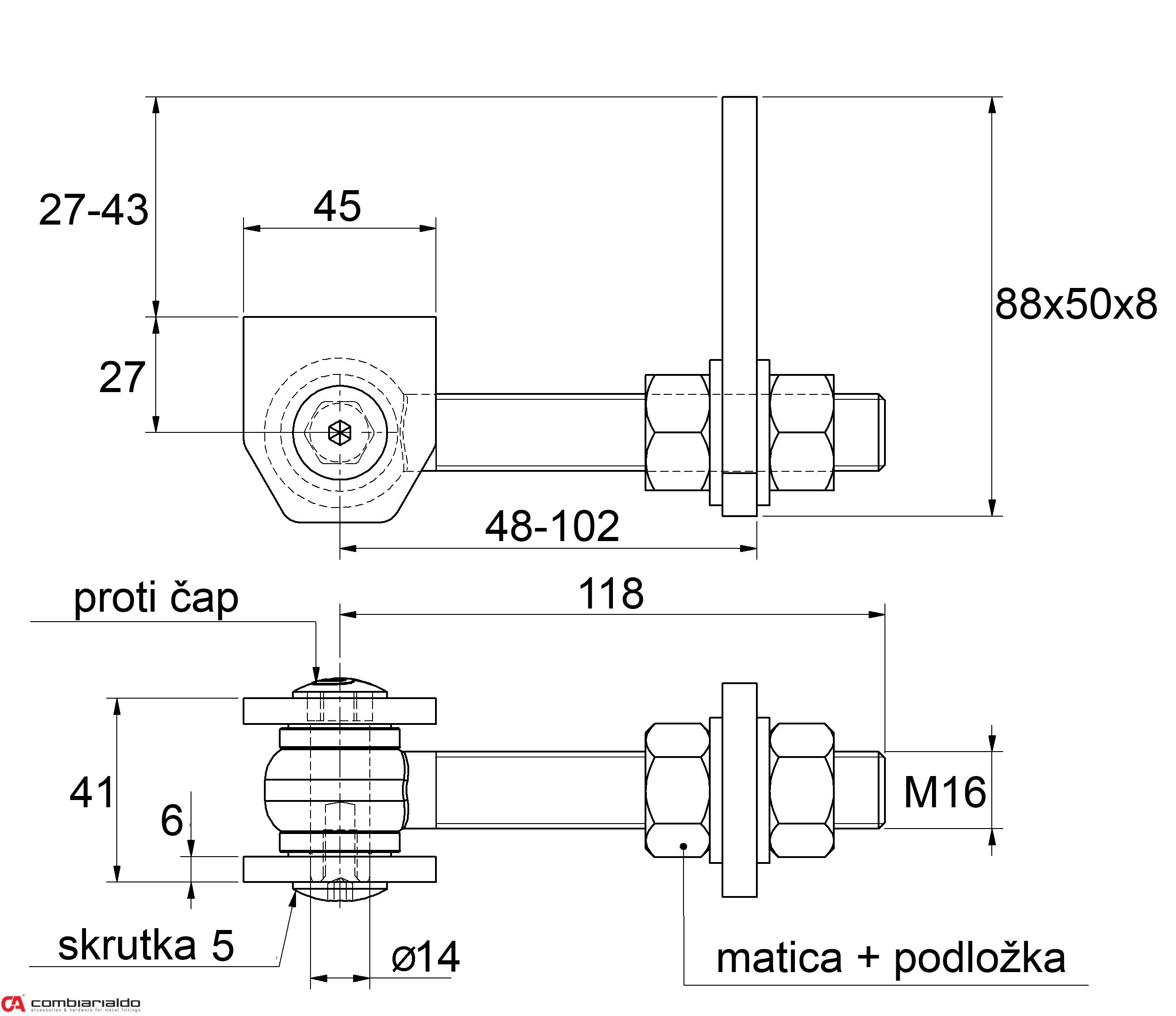 Navárací záves M16, otvárateľný 180°, nastaviteľný 2D
