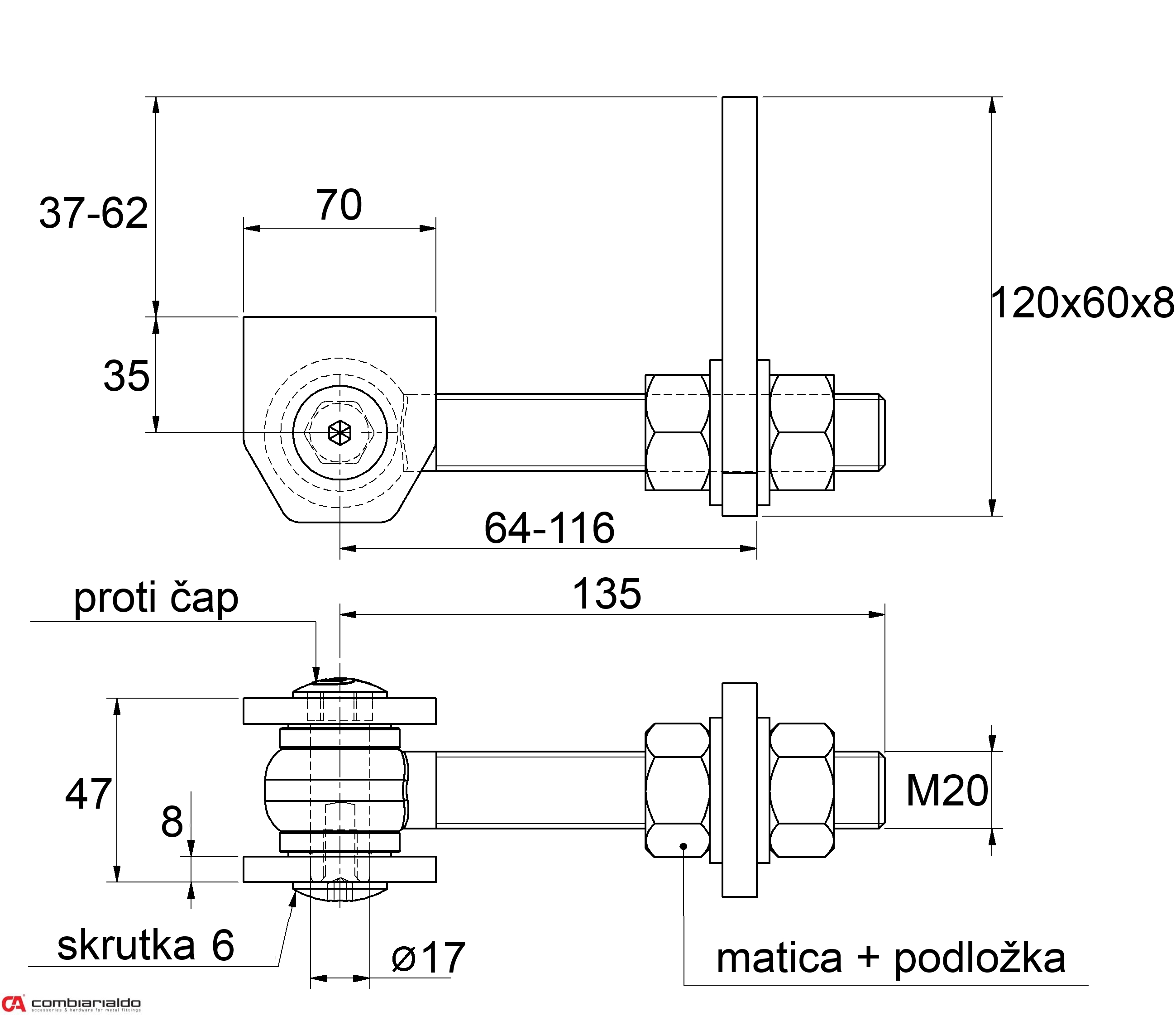 Navárací záves M20, otvárateľný 180°, nastaviteľný 2D