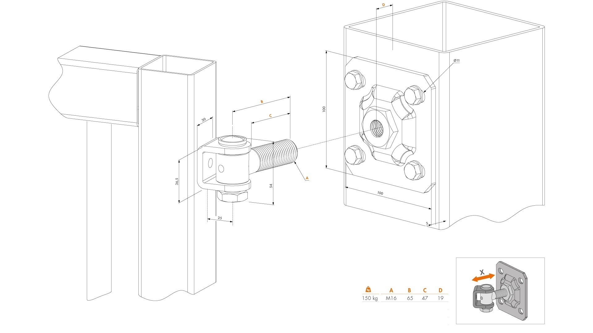 Záves M16 s platňou 100 x 100 mm, 90°, nastaviteľný 1D