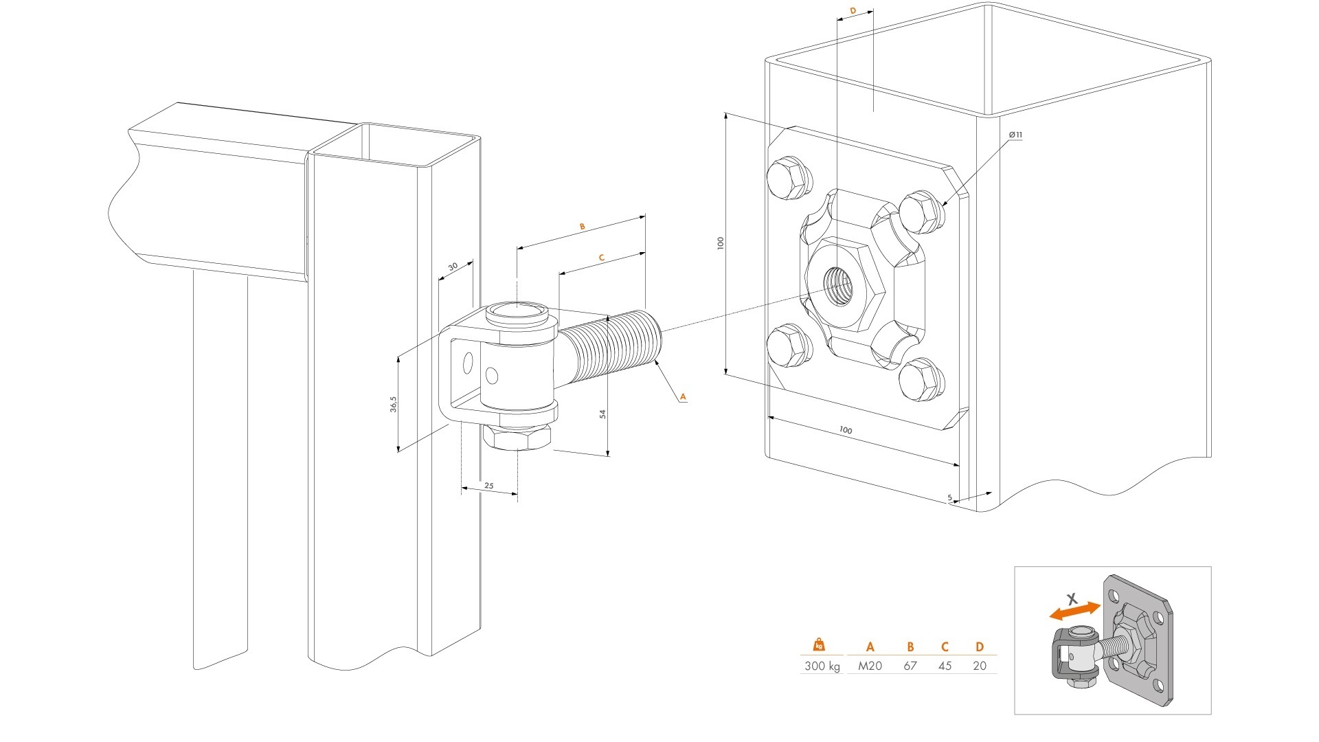 Záves M20 s platňou 100 x 100 mm, 90°, nastaviteľný 1D