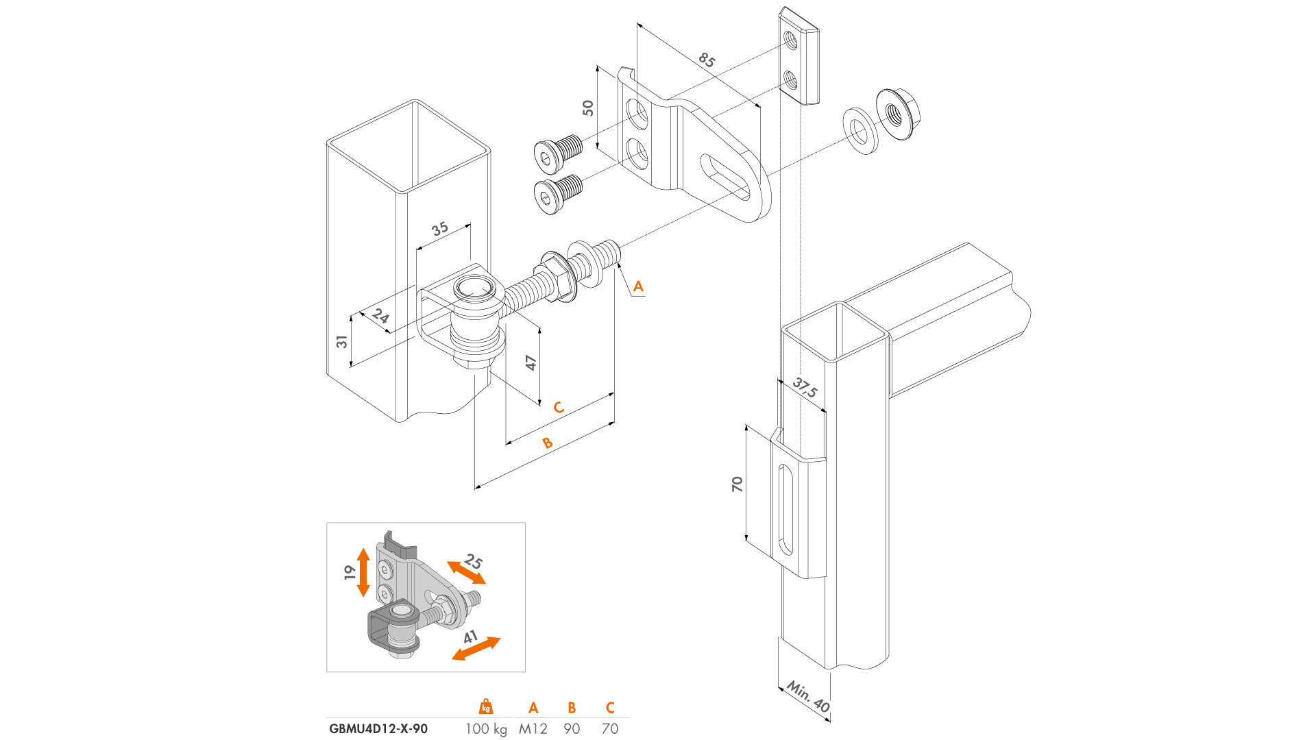 Navárací záves M12, otvárateľný 180°, nastaviteľný 3D