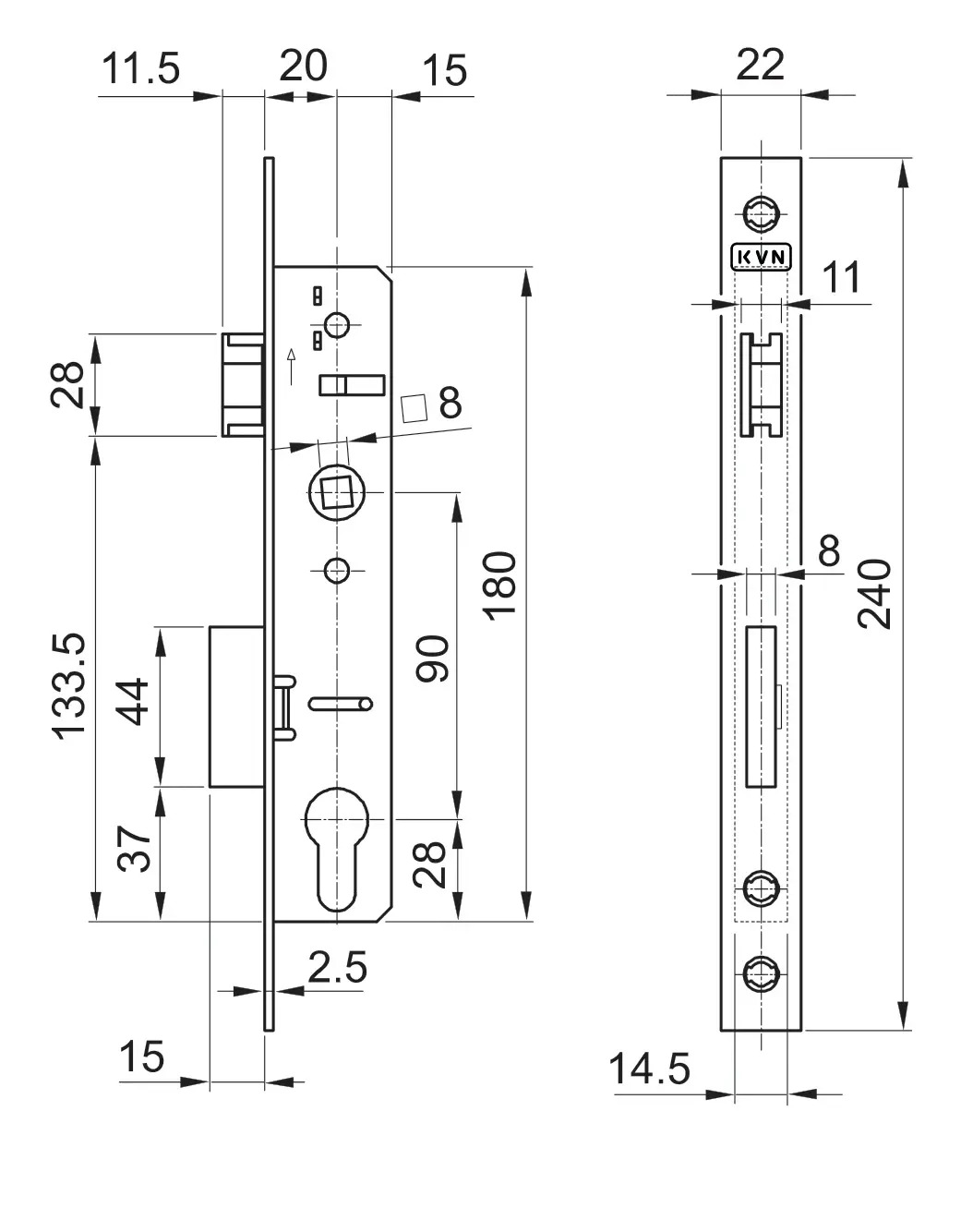 Profil 40 x 40 x 2 x 2000 mm so zámkom ZM90/40H, ľavý