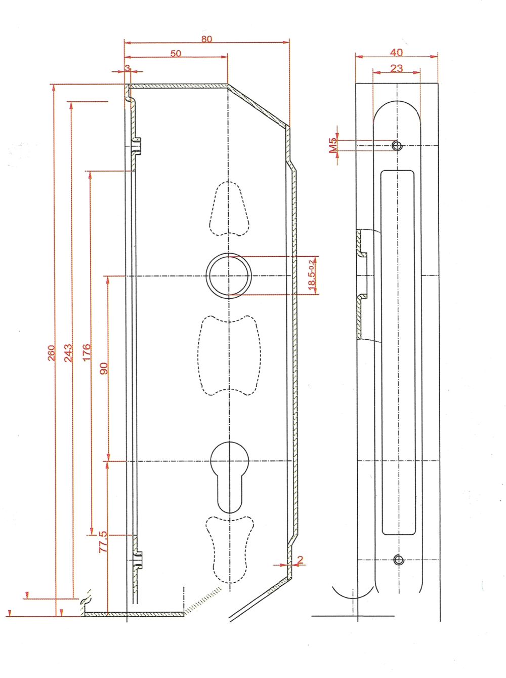 Kazeta na profil 40 x 30 mm so zámkom ZM90/80, rozteč 90 mm