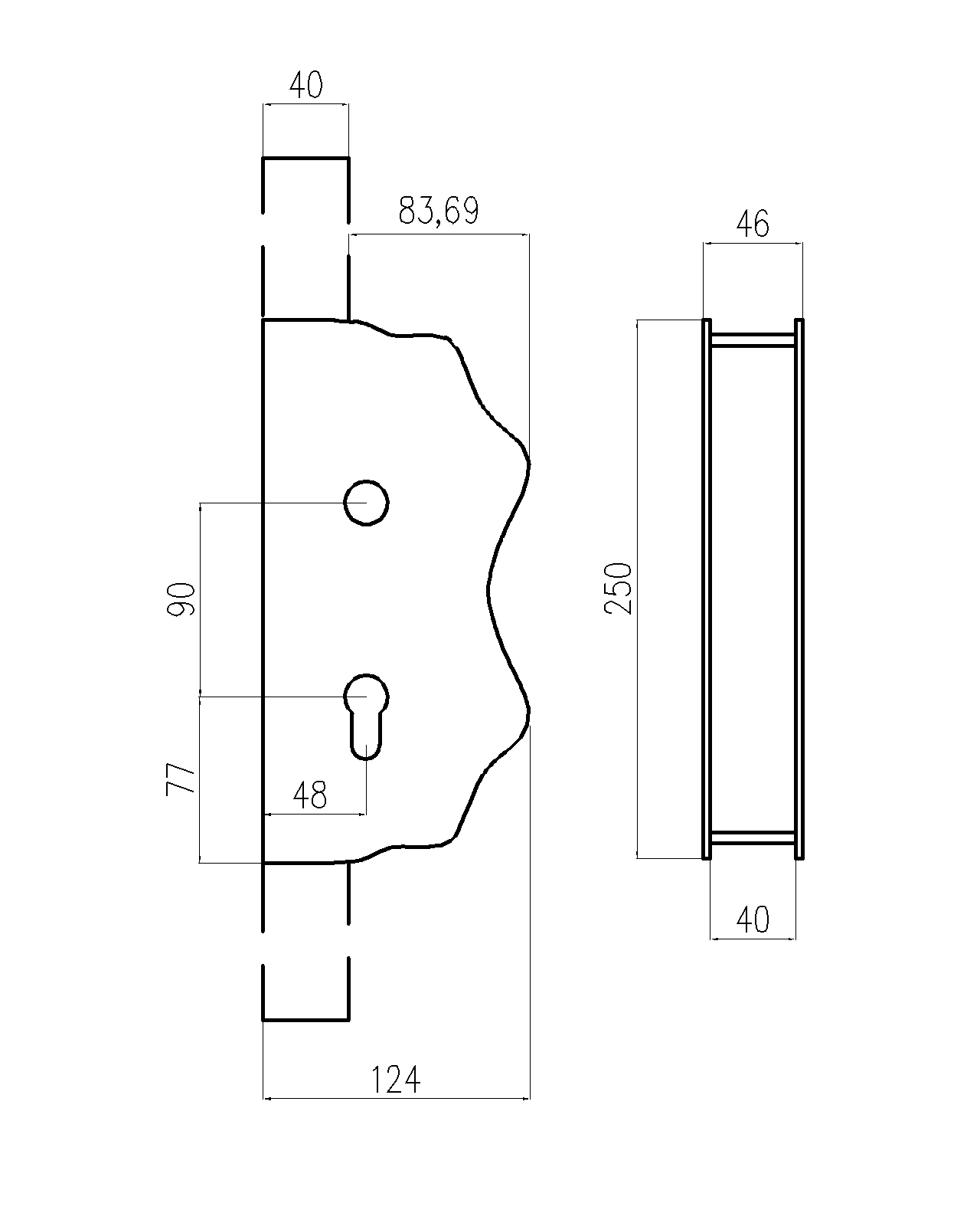 Kazetová zostava 250 x 95 x 40 mm, otvor ø 20 mm, hladká