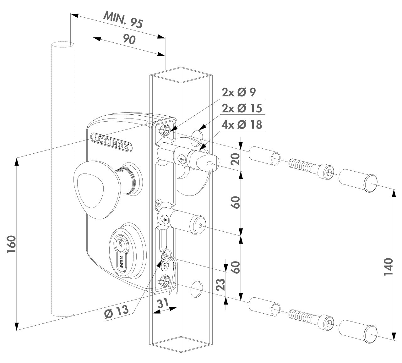 Povrchový elektrozámok, funkcia FAIL CLOSE, pre ø 60 - 80 mm Locinox farba 7016