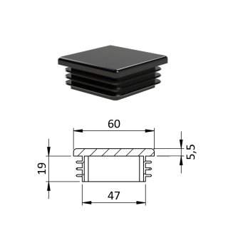 Krytka plastová 60 x 60 x 3 - 5 mm, černý