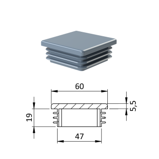 Krytka plastová 60 x 60 x 3 - 5 mm, sivá