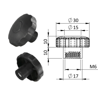 Aretačná matica, ø 30 x 20 mm, M6, polyamid, čierna